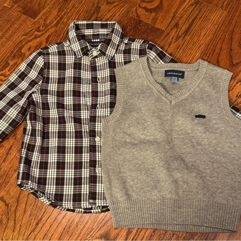 NWOT Andy & Evan Boy’s V-Neck Sweater Vest in Gray and Button Down Shirt
